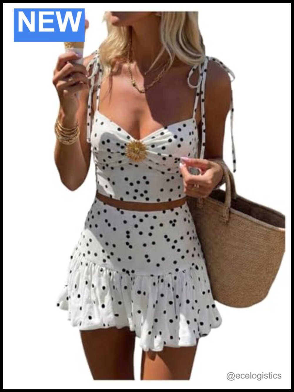 Women's 2 Piece Skirt Set Polka Dot Cami Crop Top High Waist Ruffle Mini Skirt